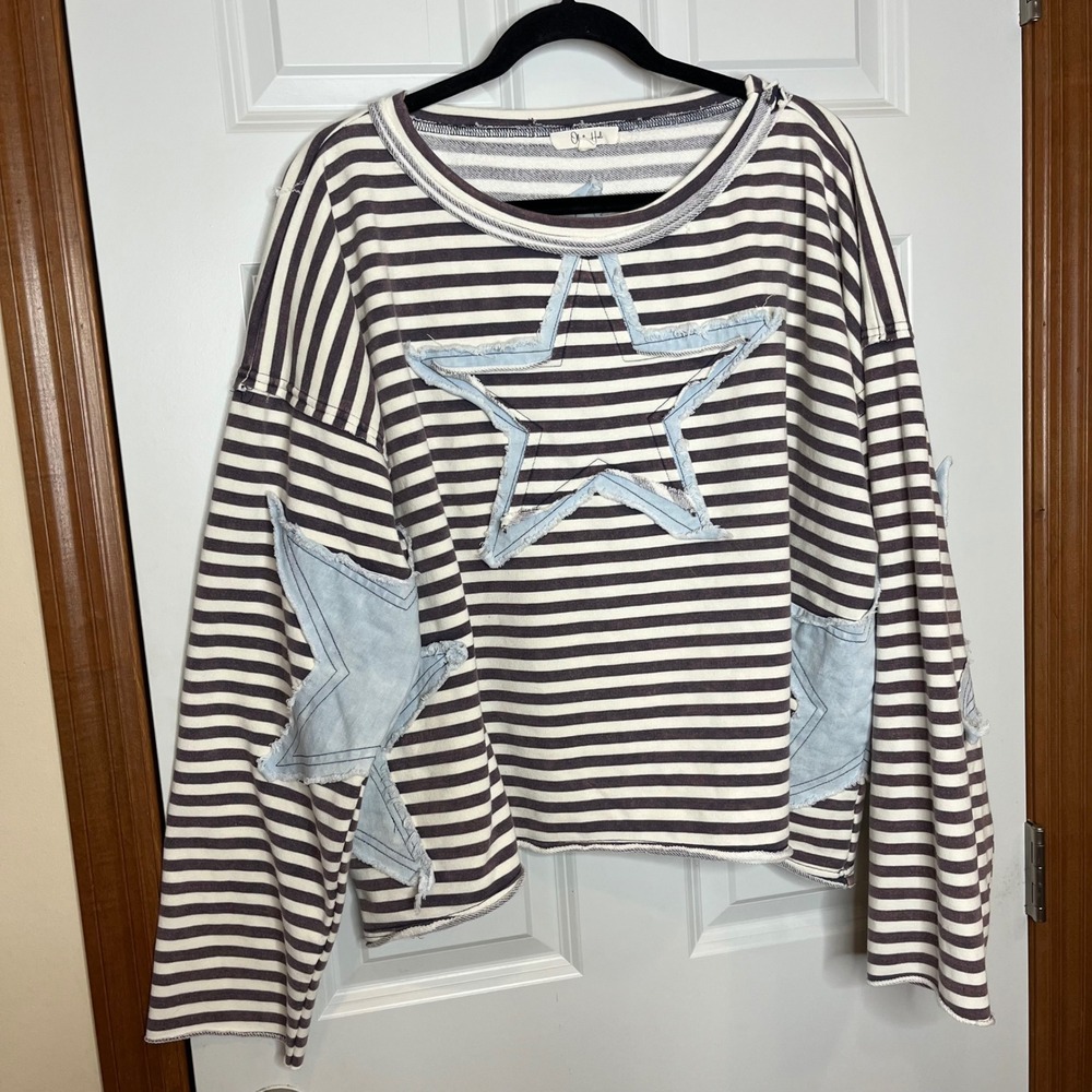 Oli & Hali Star Patch Striped Sweatshirt Distressed Boutique Brown Large - Picture 3 of 12